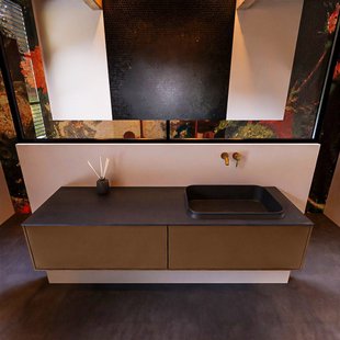 Badkamermeubelset Mondiaz Erin 150 cm met 2 Lades met RIDGE Wastafel Rechts Urban Zonder Kraangaten Greeploos Mat Rust