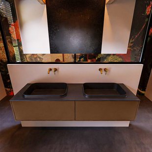 Badkamermeubelset Mondiaz Erin 150 cm met 2 Lades met RIDGE Wastafel Dubbel Urban Zonder Kraangaten Greeploos Mat Rust