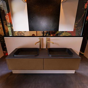 Badkamermeubelset Mondiaz Erin 150 cm met 2 Lades met RIDGE Wastafel Dubbel Urban met 2 kraangaten Greeploos Mat Rust