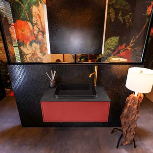 Badkamermeubelset Mondiaz Erin 80 cm met 1 Lade met RIDGE Wastafel Midden Urban met 1 kraangat Greeploos Mat Fire