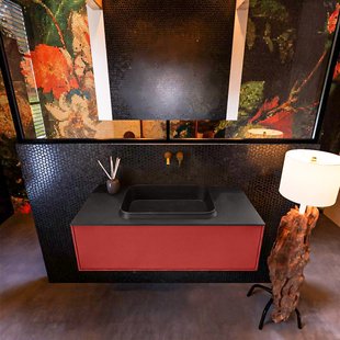 Badkamermeubelset Mondiaz Erin 100 cm met 1 Lade met RIDGE Wastafel Midden Urban Zonder Kraangaten Greeploos Mat Fire