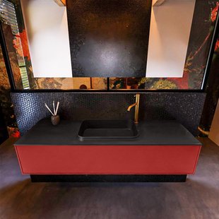 Badkamermeubelset Mondiaz Erin 150 cm met 1 Lade met RIDGE Wastafel Midden Urban met 1 kraangat Greeploos Mat Fire