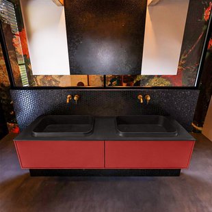 Badkamermeubelset Mondiaz Erin 150 cm met 2 Lades met RIDGE Wastafel Dubbel Urban Zonder Kraangaten Greeploos Mat Fire