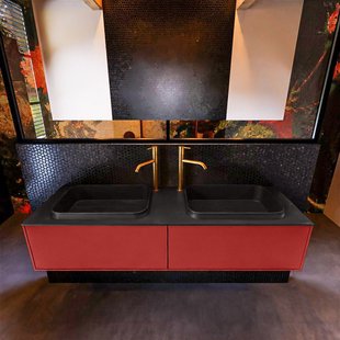 Badkamermeubelset Mondiaz Erin 150 cm met 2 Lades met RIDGE Wastafel Dubbel Urban met 2 kraangaten Greeploos Mat Fire