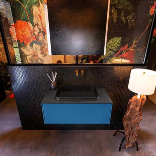 Badkamermeubelset Mondiaz Erin 80 cm met 1 Lade met RIDGE Wastafel Midden Urban Zonder Kraangaten Greeploos Mat Jeans