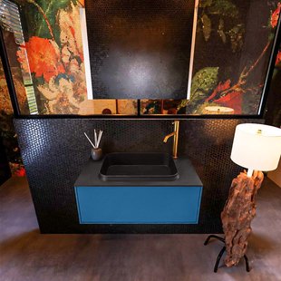 Badkamermeubelset Mondiaz Erin 80 cm met 1 Lade met RIDGE Wastafel Midden Urban met 1 kraangat Greeploos Mat Jeans