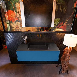 Badkamermeubelset Mondiaz Erin 100 cm met 1 Lade met RIDGE Wastafel Midden Urban Zonder Kraangaten Greeploos Mat Jeans