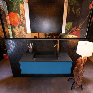 Badkamermeubelset Mondiaz Erin 100 cm met 1 Lade met RIDGE Wastafel Midden Urban met 1 kraangat Greeploos Mat Jeans