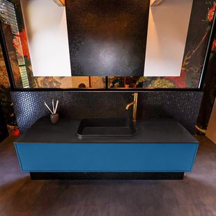 Badkamermeubelset Mondiaz Erin 150 cm met 1 Lade met RIDGE Wastafel Midden Urban met 1 kraangat Greeploos Mat Jeans