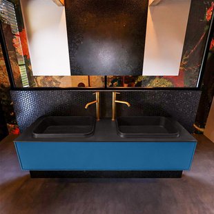 Badkamermeubelset Mondiaz Erin 150 cm met 1 Lade met RIDGE Wastafel Dubbel Urban met 2 kraangaten Greeploos Mat Jeans