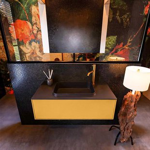 Badkamermeubelset Mondiaz Erin 100 cm met 1 Lade met RIDGE Wastafel Midden Urban met 1 kraangat Greeploos Mat Ocher