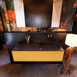 Badkamermeubelset Mondiaz Erin 120 cm met 1 Lade met RIDGE Wastafel Rechts Urban Zonder Kraangaten Greeploos Mat Ocher