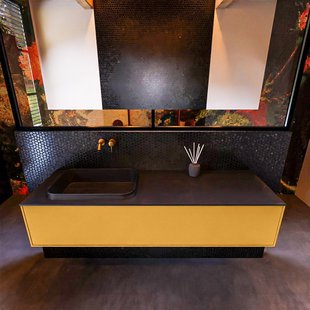 Badkamermeubelset Mondiaz Erin 150 cm met 1 Lade met RIDGE Wastafel Links Urban Zonder Kraangaten Greeploos Mat Ocher