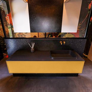 Badkamermeubelset Mondiaz Erin 150 cm met 1 Lade met RIDGE Wastafel Rechts Urban Zonder Kraangaten Greeploos Mat Ocher