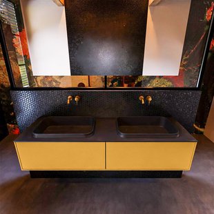 Badkamermeubelset Mondiaz Erin 150 cm met 2 Lades met RIDGE Wastafel Dubbel Urban Zonder Kraangaten Greeploos Mat Ocher