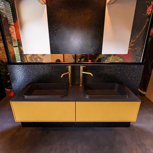 Badkamermeubelset Mondiaz Erin 150 cm met 2 Lades met RIDGE Wastafel Dubbel Urban met 2 kraangaten Greeploos Mat Ocher