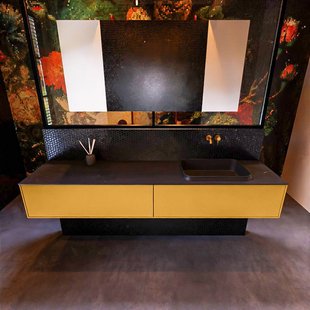 Badkamermeubelset Mondiaz Erin 200 cm met 2 Lades met RIDGE Wastafel Rechts Urban Zonder Kraangaten Greeploos Mat Ocher