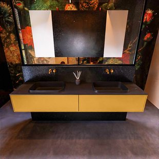 Badkamermeubelset Mondiaz Erin 200 cm met 2 Lades met RIDGE Wastafel Dubbel Urban Zonder Kraangaten Greeploos Mat Ocher