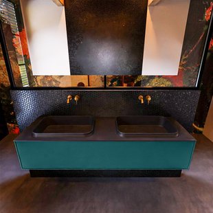 Badkamermeubelset Mondiaz Erin 150 cm met 1 Lade met RIDGE Wastafel Dubbel Urban Zonder Kraangaten Greeploos Mat Smag