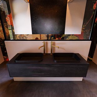 Badkamermeubelset Mondiaz Erin 150 cm met 1 Lade met RIDGE Wastafel Dubbel Urban met 2 kraangaten Greeploos Mat Dark Brown