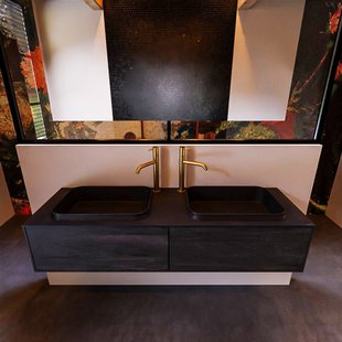 Badkamermeubelset Mondiaz Erin 150 cm met 2 Lades met RIDGE Wastafel Dubbel Urban met 2 kraangaten Greeploos Mat Dark Brown