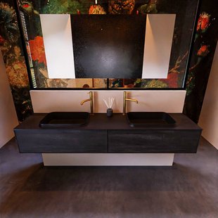 Badkamermeubelset Mondiaz Erin 200 cm met 2 Lades met RIDGE Wastafel Dubbel Urban met 2 kraangaten Greeploos Mat Dark Brown