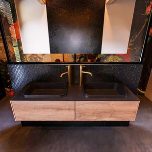 Badkamermeubelset Mondiaz Erin 150 cm met 2 Lades met RIDGE Wastafel Dubbel Urban met 2 kraangaten Greeploos Mat Washed Oak