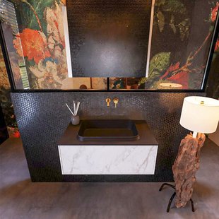 Badkamermeubelset Mondiaz Erin 80 cm met 1 Lade met RIDGE Wastafel Midden Urban Zonder Kraangaten Greeploos Mat Carrara