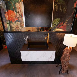 Badkamermeubelset Mondiaz Erin 80 cm met 1 Lade met RIDGE Wastafel Midden Urban met 1 kraangat Greeploos Mat Carrara