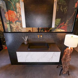 Badkamermeubelset Mondiaz Erin 100 cm met 1 Lade met RIDGE Wastafel Midden Urban Zonder Kraangaten Greeploos Mat Carrara