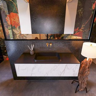 Badkamermeubelset Mondiaz Erin 120 cm met 1 Lade met RIDGE Wastafel Midden Urban Zonder Kraangaten Greeploos Mat Carrara