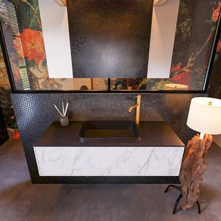 Badkamermeubelset Mondiaz Erin 120 cm met 1 Lade met RIDGE Wastafel Midden Urban met 1 kraangat Greeploos Mat Carrara