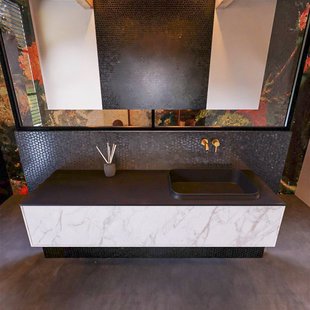 Badkamermeubelset Mondiaz Erin 150 cm met 1 Lade met RIDGE Wastafel Rechts Urban Zonder Kraangaten Greeploos Mat Carrara