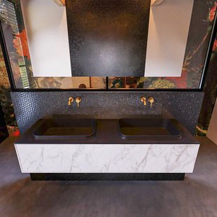 Badkamermeubelset Mondiaz Erin 150 cm met 1 Lade met RIDGE Wastafel Dubbel Urban Zonder Kraangaten Greeploos Mat Carrara