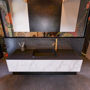 Badkamermeubelset Mondiaz Erin 150 cm met 1 Lade met RIDGE Wastafel Midden Urban met 1 kraangat Greeploos Mat Carrara