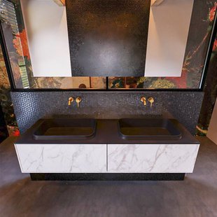 Badkamermeubelset Mondiaz Erin 150 cm met 2 Lades met RIDGE Wastafel Dubbel Urban Zonder Kraangaten Greeploos Mat Carrara