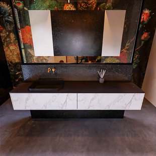 Badkamermeubelset Mondiaz Erin 200 cm met 2 Lades met RIDGE Wastafel Links Urban Zonder Kraangaten Greeploos Mat Carrara