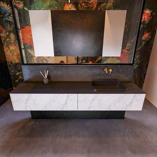 Badkamermeubelset Mondiaz Erin 200 cm met 2 Lades met RIDGE Wastafel Rechts Urban Zonder Kraangaten Greeploos Mat Carrara