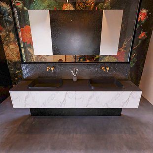 Badkamermeubelset Mondiaz Erin 200 cm met 2 Lades met RIDGE Wastafel Dubbel Urban Zonder Kraangaten Greeploos Mat Carrara