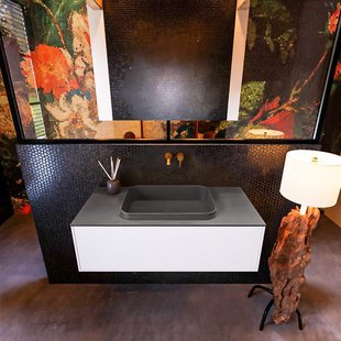 Badkamermeubelset Mondiaz Erin 100 cm met 1 Lade met RIDGE Wastafel Midden Dark grey Zonder Kraangaten Greeploos Mat Talc