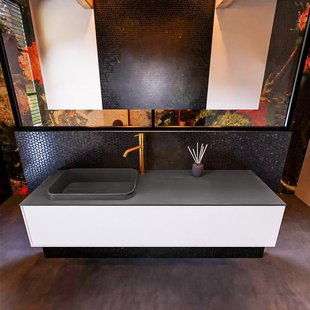 Badkamermeubelset Mondiaz Erin 150 cm met 1 Lade met RIDGE Wastafel Links Dark grey met 1 kraangat Greeploos Mat Talc