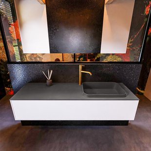 Badkamermeubelset Mondiaz Erin 150 cm met 1 Lade met RIDGE Wastafel Rechts Dark grey met 1 kraangat Greeploos Mat Talc