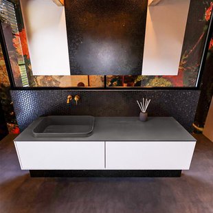 Badkamermeubelset Mondiaz Erin 150 cm met 2 Lades met RIDGE Wastafel Links Dark grey Zonder Kraangaten Greeploos Mat Talc