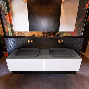 Badkamermeubelset Mondiaz Erin 150 cm met 2 Lades met RIDGE Wastafel Dubbel Dark grey Zonder Kraangaten Greeploos Mat Talc