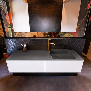 Badkamermeubelset Mondiaz Erin 150 cm met 2 Lades met RIDGE Wastafel Rechts Dark grey met 1 kraangat Greeploos Mat Talc