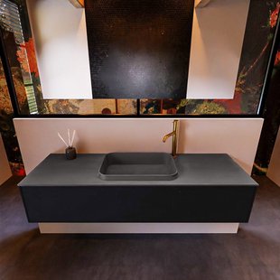 Badkamermeubelset Mondiaz Erin 150 cm met 1 Lade met RIDGE Wastafel Midden Dark grey met 1 kraangat Greeploos Mat Urban