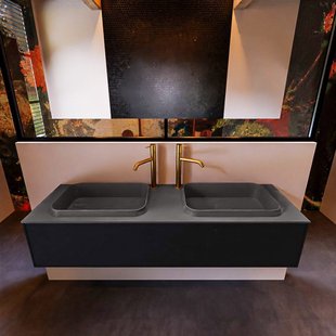 Badkamermeubelset Mondiaz Erin 150 cm met 1 Lade met RIDGE Wastafel Dubbel Dark grey met 2 kraangaten Greeploos Mat Urban