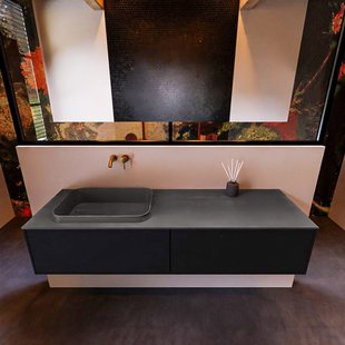 Badkamermeubelset Mondiaz Erin 150 cm met 2 Lades met RIDGE Wastafel Links Dark grey Zonder Kraangaten Greeploos Mat Urban