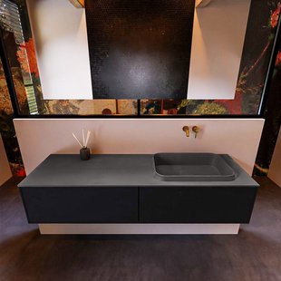 Badkamermeubelset Mondiaz Erin 150 cm met 2 Lades met RIDGE Wastafel Rechts Dark grey Zonder Kraangaten Greeploos Mat Urban