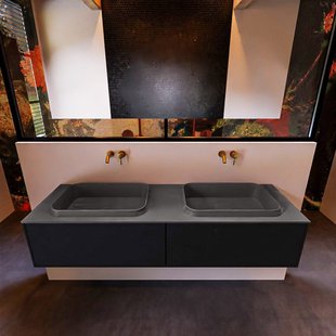 Badkamermeubelset Mondiaz Erin 150 cm met 2 Lades met RIDGE Wastafel Dubbel Dark grey Zonder Kraangaten Greeploos Mat Urban
